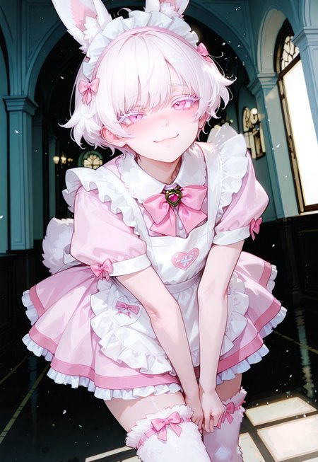 anime, best quality, dynamic pose, expressive, dynamic pose, dynamic angle, volumetric lighting, cinematic lighting, absurdres,
BREAK 
,
1girl, pixie cut, short hair, white hair, wavy hair, white eyelashes, fluffy hair, withe skin, beautiful pink eyes, little, cute, fluffy outfit, Wererabbit, animal legs, thighhigh fur, rabbit ears, fluffy, (handsome, bishounen, masculine),
BREAK 
,
indoors, white and pink ballroom, cute, blushing, shy, detailed, beautiful, masterpiece, high quality, adorable, shy smile, maid, maid headdress, apron, pink dress, frills, short sleeves, pink bow, mori_calliope