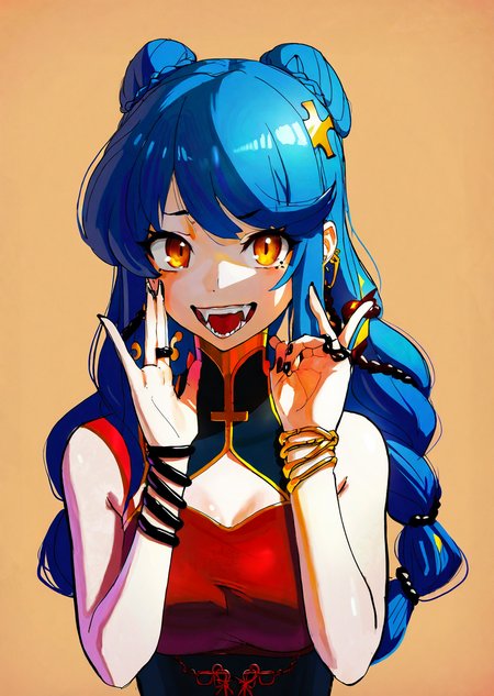 by noodle4cool
 1girl, solo, hair rings, chain, yellow eyes, blue hair, red background, long hair, looking at viewer, braid, jewelry, open mouth, hair ornament, fangs, bangs, teeth, mole, dress, simple background, black nails, fingernails, cross, bare shoulders, chinese clothes, upper body, nail polish
anime,
 best quality, masterpiece,