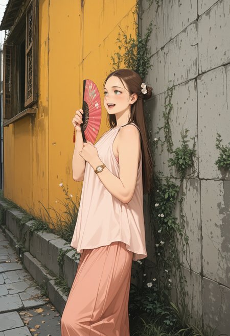 masterpiece, best quality, amazing quality, photography, 
1girl, solo, brown hair, half updo, long hair, hair ornament, flower in hair, light green eyes, detailed eyes, thick eyebrows, blush, pink lips, smiling, upper teeth only, looking away, 
traditional clothes, sleeveless, halter shirt, loose shirt, oversized shirt, pink shirt, long skirt, dark_pink_skirt, hand fan, folding fan, paper fan, jewelry, wristwatch, gold wristwatch, 
outdoors, yellow wall, gritty_wall, grass, urban_background, street, stone path, daylight, bright light, colorful  