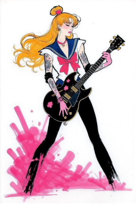regr1 illustration.  punk sailor moon playing a guitar at a heavy metal mosh pit, tattoos, piercings, background is stark white <lora:regr3_shoujo_nocap_d6a3:1.0><lora:808055203187201945:0>