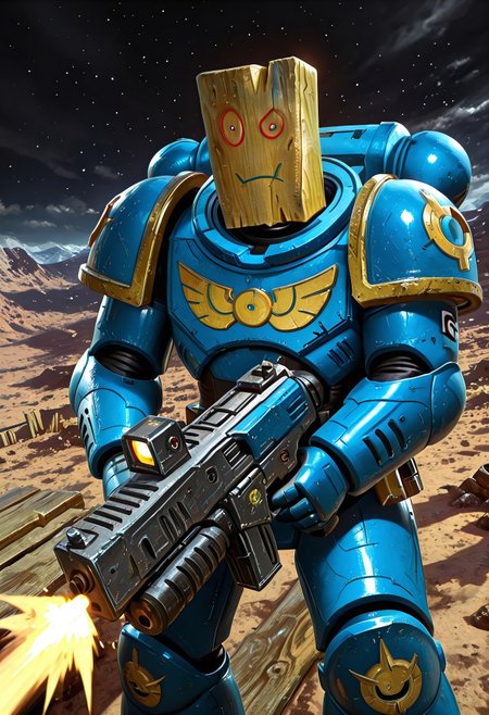 Masterpiece, absurdres, best quality, 1boy, solo, pl4nk, pokemon (creature), Plank head, space marine, power armor, firing gun, heavy bolter, battlefield background, closeup, UltraM40k, no helmet,