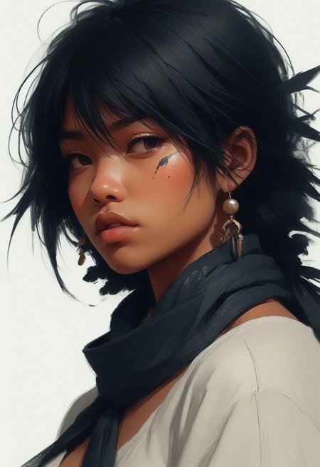,BAMF-Illu, closeup portrait of nistyle, two tones bleaked manga sketch In the style of ff-evv with deep blacks, A Closeup Portrait of a DARK native American Sioux outlaw cowboy, extreme Closeup of her Face - shrouded in mystery. She wears a, tattered high collar scarf that billows dramatically in the wind, creating a striking contrast against the rugged landscape. Hyperdetailed badass Closeup, hyperdetailed, deadly Gaze, vivid white chin-tattoo realistic photography, very awa ,masterpiece, best quality, very aesthetic, absurdres, haiz_ai, no lineart,no outline,