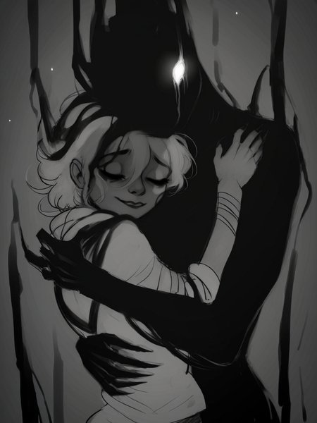 score_9, score_8_up, score_7_up, score_6_up, score_5_up,  <lora:th3d4rkXLP:1> th3d4rk, darkness, shadow, 1girl, monochrome, hug