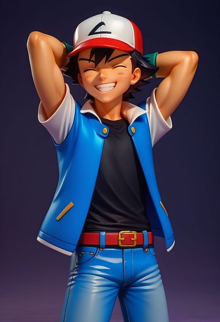 score_9, score_8_up, score_7_up, source_anime, high resolution, 
figure, solo, 1boy, ash_kanto, black hair, 
baseball cap, black t-shirt, blue jacket, open jacket, short sleeves, white sleeves, jeans, belt, fingerless gloves, 
smile, grin, hands behind head, eyes closed, 
cowboy shot, dark background, vivid lighting, best quality, realistic,