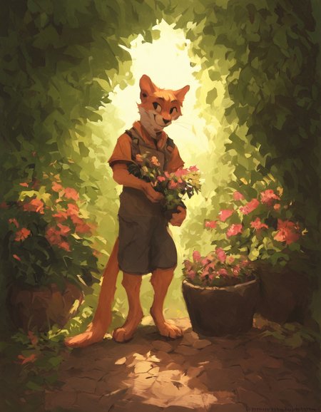 source_furry, orange cat holding a small flower pot in hand, wearing farmer's outfit, garden, summer time, oak trees, berry bushes, smiling, ear tuff,  full body,  <lora:by_kenket-v2s600:1> by kenket, score_9, score_8_up, score_7_up, score_6_up, score_5_up,