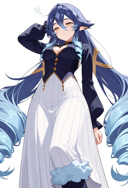 masterpiece,high quality details, absurdres,
 <lora:Layla:0.8>
layla_cnr, 1girl, blue hair,very long hair, twin drills, drill locks, pointy ears, yellow eyes, hair between eyes, sidelocks,medium breasts,, simple background, white background, from below,solo,, sleepy,light smile,, heart cutout,waistcoat   ,long skirt, ,fluffy legwear,