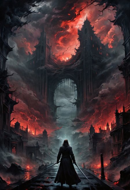 sword in hands, complicated architecture, horror atmosphere, EdobHorrorLandscape, it watches, something lurks in the dark,  dark night, very busy sky, storm, dim fog, atmospheric, (red glow), romantic impressionism, absurdres, scenery art, matte painting, horror, beautiful digital painting, anime landscape, scary painting, paintlike, dreamy, 