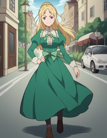 score_9, score_8_up, score_7_up, source_anime, <lora:ortfine-fredericka-von-eylstadt-s1-ponyxl-lora-nochekaiser:1>, ortfine fredericka von eylstadt, long hair, blonde hair, purple eyes, braid, hair bun, single hair bun, medium breasts,, long sleeves, dress, ribbon, pantyhose, shoes, puffy sleeves, brown footwear, green dress, juliet sleeves, frills,, city street, evening, streetlights, walking dog, quiet neighborhood, gentle breeze, , looking at viewer, smug, hand on hips,, solo,, dutch angle,