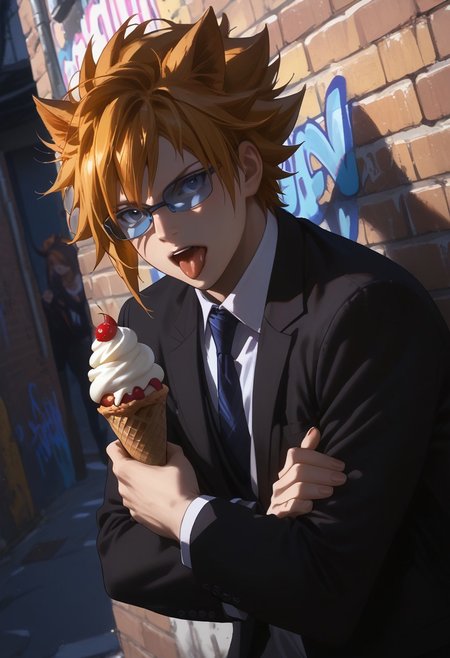 score_9, score_8_up, score_7_up, source_anime, rating_safe, ice cream, dark theme, low light, LokeeFT, orange Lokee hair, blue Loke glasses, 1boy, male focus, suit, open mouth, tongue out, crossed arms, outdoor alley way, bricked wall, graffiti, gradient, hands with five fingers, cropped legs, dutch angle, realistic lighting, Expressiveh