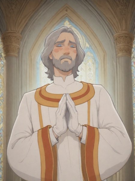 DukeOfSoleanna, 1boy, long elegant white robe, Dark boots, white gloves, blue eyes, gray hair, gray beard,solo,BSSPYCB,blush stickers,hands together,upper body,closed eyes,church,<lora:Duke of Soleanna:0.8>,<lora:PYCB:0.8>