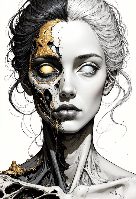 A portrait of Hel, the ruler of Helheim. Her marvelous wild mane covers part of her beautiful face and bare chest. Both eyeballs are completely blank and featureless, devoid of pupils and irises, and extend across the entire eye region, blending seamlessly into the surrounding facial area, while the eyes remain fully open. The face is divided into two halves. The left side shows signs of decay and decomposition, with lifeless dark-coal skin, hard bones are visible under the torn skin, shreds of golden ash detached from her skin. Her left eyeball is completely golden. The right half of the face is of unearthly beauty, with immaculate, flawless white skin. Her right eyeball is snow-white. The transition between the two halves of the face is fluid and unobtrusive, symbolizing the brief moment between life and death. The picture depicts a surreal and abstract pencil and ink drawing, characterized by a monochromatic scheme with predominant shades of black, white, and gray, which has been digitally enhanced.