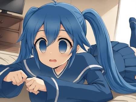 masterpiece,(best quality),highly detailed,ultra-detailed,
1girl,indoors,on stomach,
<lora:imaichi_moenai_ko_A_XL_3:0.9>,imaichi moenai ko,twintails,blue hair,zettai ryouiki,very big eyes,empty eyes,blue eyes,