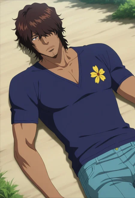 masterpiece, best quality, intricate details, anime screencap, anime coloring, official style, , , 1boy, solo, male focus, <lora:yasutora_sado_ilxl:0.98>, yasutora_sado, brown hair, brown eyes, short hair, dark-skinned male, dark skin, facial hair, stubble, hair over one eye, cowboy shot, prairie, day, sunny, lying, on stomach, expressionless,