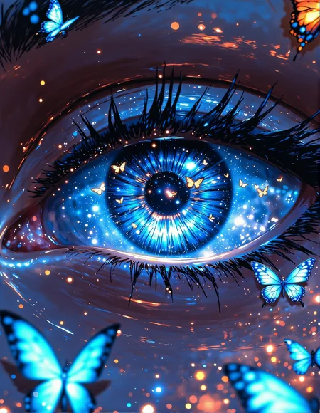 a dreamy, intricate digital painting with a macro close-up perspective. Picture a large, detailed blue eye with long, dark eyelashes.  The eye reflects a scene filled with tiny blue and monarch butterflies fluttering around within the iris.  Several butterflies are also depicted resting on the eyelashes and around the eye itself. The background is softly blurred with shimmering, colourful bokeh, suggesting a magical or ethereal atmosphere, The overall effect is enchanting and focused on the beauty and detail of the eye and the delicate butterflies, <lora:Vibrantly_sharp_style_v.2:0.8>, <lora:Cozy_Paradise:0.8>, <lora:RetroAnimeFluxV1:0.35>, <lora:FantasyWizardWitchesFluxV2-000001:0.7>, <lora:aidmaMJ6.1_v0.5_3:0.6>