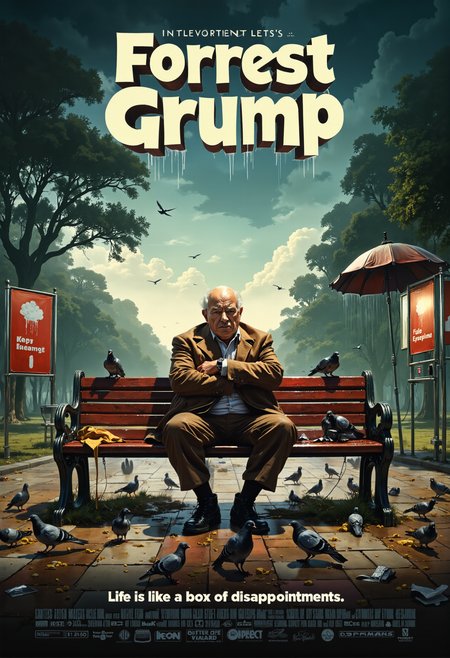 a comical movie poster titled Forrest Grump, featuring an older, grumpy version of Forrest Gump sitting on the iconic bench. His expression is one of pure annoyance, with arms crossed and an exaggerated frown on his face. Instead of a box of chocolates. Surrounding him are humorous details, like pigeons pestering him for crumbs, a broken-down bus stop sign, and a cloud raining only on him. The tagline at the bottom reads, 'Life is like a box of disappointments.' The background depicts a gloomy park, with a cartoonish filter and grumpy faces hidden in the trees and clouds. Use bright, exaggerated colors for the text, but give the whole scene a drab, slightly absurd mood that contrasts with typical uplifting movie posters. <lora:flux_realism_lora:0.8> <lora:fluxenhancer:0.2> <lora:Aura_Flux:0.3> <lora:artilands:0.7>