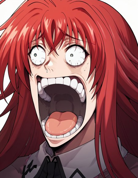 score_9, score_8_up, score_7_up, source_anime, <lora:rias-gremory-ponyxl-lora-nochekaiser:1>, rias gremory, huge ahoge, long hair, red hair, large breasts, <lora:enel-face-ponyxl-lora-nochekaiser:1> enel face, open mouth, wide-eyed, teeth, tongue,, , ,