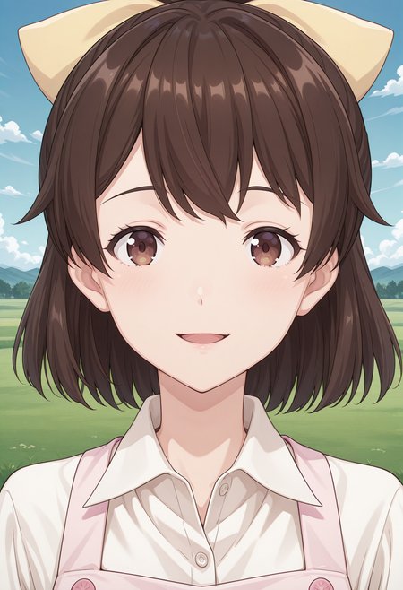 tantei1 akane, brown eyes, brown hair, ponytail, bangs, yellow bow, hair bow, white shirt, collared shirt, long sleeves, pink apron, <lora:tantei1_akane_illustrious_ver1:0.8> 
smile,, masterpiece, best quality, sensitive,, 1girl, solo, blue sky, (grasslands:1.2), looking at viewer,, (upper body:1.2), (close-up:1.2), (facing viewer:1.2), (open eyes:1.4), (portrait:1.2)