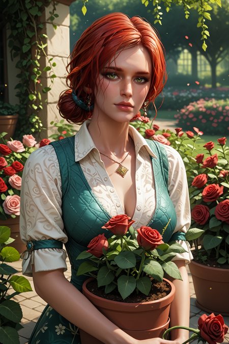 score_9, score_8_up, score_7_up,
<lora:TW3Triss:0.8>
TW3Triss, 1girl, red hair, green eyes, looking at viewer, rose garden, gardening, floral background