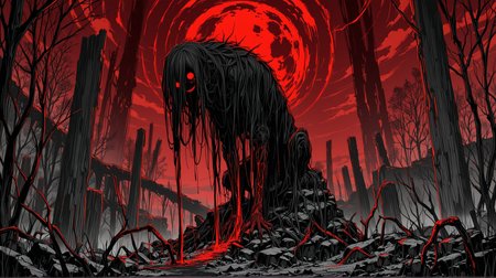 masterpiece, best quality, amazing quality, (no humans:1.2), outdoors, horror, dark fantasy, desolate landscape, (blood-red mist:1.0), (crimson sky:1.0), dead twisted trees, (ominous ruins:1.0), towering jagged rocks, (distant burning horizon:1.0), scattered black crows, fog-covered valley, (monochrome:1.1), red tones, volumetric lighting, intricate details