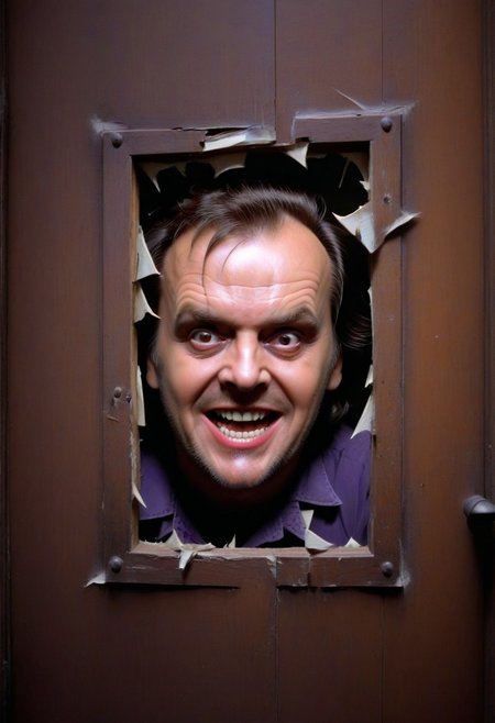 "here's johnny" text logo, looking through a broken door with a creepy smile, upclose Jack Torrance, 80s