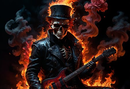((masterpiece)), 8k, highly detail, intricated detail, shallow depth of field, epic, HDR, vibrant color, vibrant detailed, volumetric lighting, cinematic lighting, dark, night, hard rock vibe, octane render, full body, knight jack wearing a tophat and black glasses playing guitar on fire and slowly turn into flame, smoking cigarette, cigarette, top hat with red rose, black glasses, heavy metal jacket, heavy metal pants, heavy metal boots, rocking the inferno, blue flame, red flame, smoke with a shape of black rose,  <lora:zavy-cntrst-sdxl:0.9>, <lora:mini_lora:0.48>