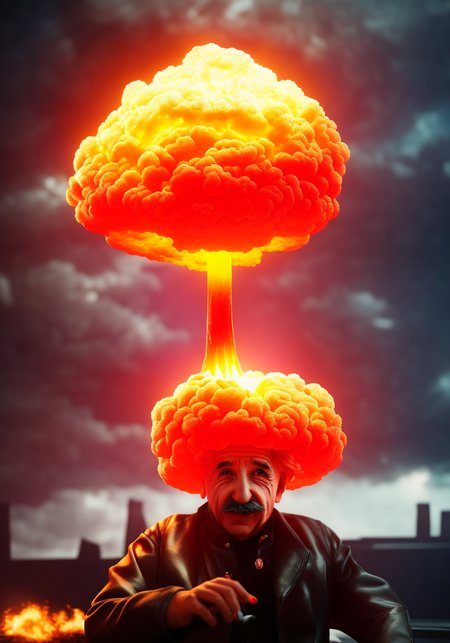 Albert Einstein  and his pet  hypernuke in FWATCH STYLE, colour grading, (Albert Einstein with hypernuke hair), SD2VrayRender, PhotoHelper, SD2CINEMA768-DIGITAL