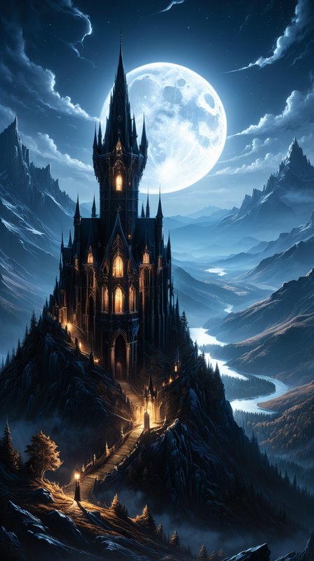 a masterful digital fantasy painting in the style of Greg Rutkowski Dan Mumford and Caspar David Friedrich , a dark tall and gothic vampire castle sits atop a creepy mountain spire, moonlit, night, masterpiece, 8k, award winning, high quality, best quality, cinematic, extremely detailed, intense lighting, epic,  <lora:SDXLFrosted:0.4> <lora:xl_more_art-full_v1:0.6>  <lora:SDXLAuroraStyle:0.2>