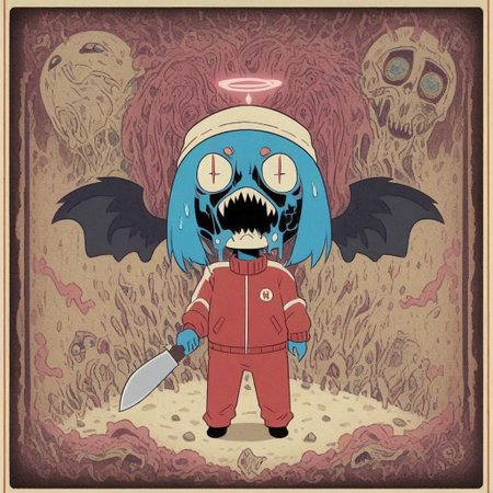 1SeraphimSpikyStripesBeetle, full body, White skin, Circle Eye, Red slit pupils, Long Square Eyebrows, sharp teeth, open mouth, no humans, pink halo, beanie Hat, red blue tracksuit, black angel wings, scared, holding knife, Desert on Midnight, neonnightmare, cosmic horror, religious horror, melting, occult, 2d, flat illustration, vector graphic, Style of MFKZ and OddTaxi