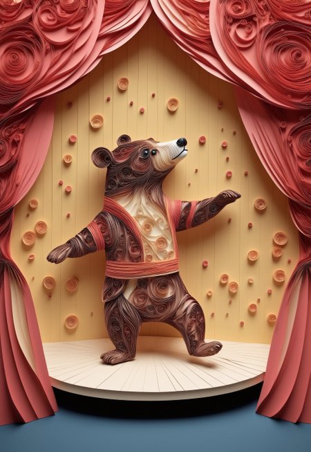 Paper quilling, layered paper. (A bear in a paper tutu attempting ballet, with clumsy quilled moves). (Background: a paper theater with layered paper curtains and an audience applauding).

4k, high quality, masterpiece, 
