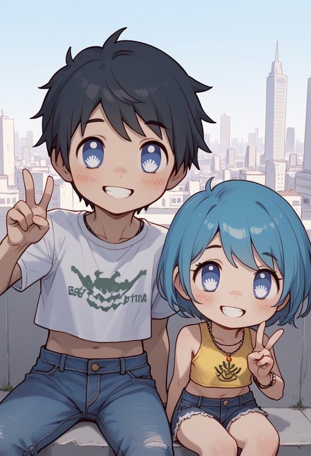 (score_9, score_8_up, score_7_up),chibi,upper body,deformed,| |, 1 girl and 1 boy,hetero, girl focus, bluca-light,aqua hair,short hair,blue eyes,symbol-shaped pupils, 
crop top, lowleg jeans shorts, visible lace panties, black short hair boy, jeans, day, outside, city, Couple Selfie, sitting, fully clothed, smile,happy, open eyes,Smiling with teeth showing, peace sign