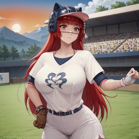safe_pos, safe_pos, safe_pos, safe_pos, safe_pos, safe_pos, safe_pos, score_9, score_8_up, score_8, score_7_up, score_7, ExpressiveH, upper body
BREAK Hosokawa Haruka, brown eyes, mole under eye, red hair, long hair, baseball uniform, baseball helmet, cat ears on helmet, white shirt, logo on shirt, huge breasts, white shorts, broad hips, shocks, white footwear,
1girl, solo, 
BREAK
Garden, sunset, orange sky, purple sky, mountainous horizon