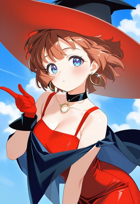 masterpiece,best quality,newest,extremely detailed,highres, absurdres, amazing quality,
Mahoutsukai_Tai, sae963, 1girl, solo, short hair, brown hair, blue eyes,  SAEWIT, witch hat, earrings, gloves, cape, choker, red gloves, hoop earrings, red dress,