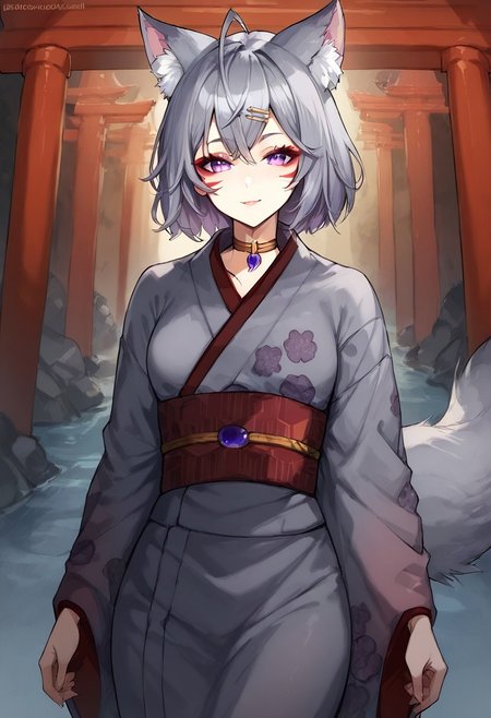 score_9, score_8_up, score_7_up, FlipsieVT, 1girl,fox girl, animal ears, virtual youtuber,fox tail,animal ear fluff,animal ears, fox ears, short hair, grey hair, purple eyes, hair ornament,facial mark,japanese clothes, kimono, sash,obi,torii,[e621] Yasmil style