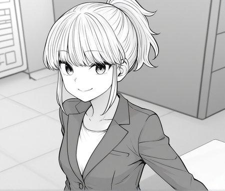 1girl, Iyo, monochrome, greyscale, ponytail, small breasts, office lady, jacket, smile