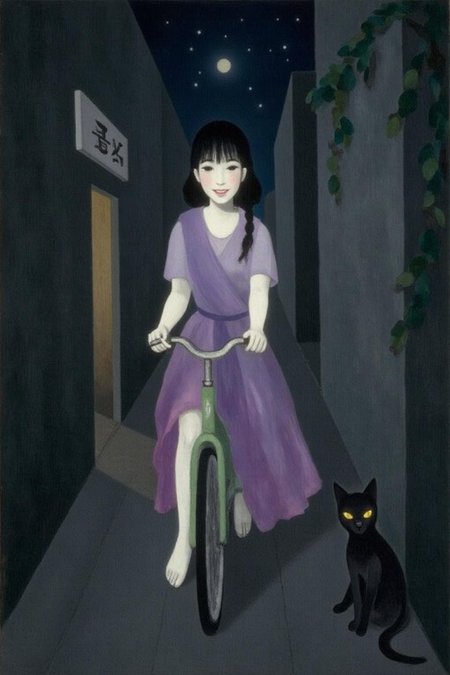 malau1 painting
A Japanese school girl riding a old style bicycle through a narrow, quiet street at night. The happy woman wears a simple, flowing purple dress. In the corner, a small black cat with piercing eyes sits watching her quietly. The mood is tranquil and slightly magical.    <lora:malau1_cap_d6a3e12:1.0><lora:825103779516119468:0>