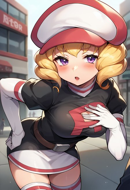 score_9, score_8_up, score_7_up, source_anime, masterpiece, 1girl, ctiand0min0, purple eyes, hat, uniform, logo, belt, elbow gloves, thighhighs,  blush, standing, chestnut mouth, leaning forward, half-closed eyes, hand on chest, looking at viewer, outdoors, city, depth of field,  <lora:Domino_pokemon_pony_ct_ver2:1>