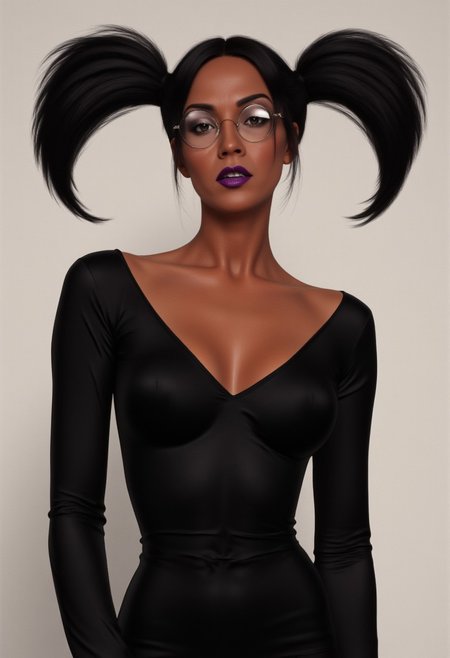 1woman, tan skin, dark skinned female, black hair, twintails, glasses, round eyewear, purple lips, makeup, brown eyes, Gothic theme, black dress, long sleeves
