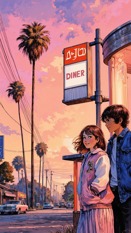 etro anime-style scene of a young couple standing close under the neon glow of a small diner sign at sunset. The girl, wearing a pastel-colored varsity jacket and a pleated skirt, leans against the jukebox, smiling shyly. The boy, dressed in a casual denim jacket. Palm trees sway in the background, vintage cars parked along the quiet boulevard, soft pink and orange hues blending into the hazy skyline. The atmosphere is warm, nostalgic, and romantic, with a grainy film-like texture, soft pastel colors, and gentle lighting <lora:Illustration_Style_IV:0.8> <lora:Vintage_comic_book:1.0> <lora:flux-fp8-fjsmu:1.4000000000000001>