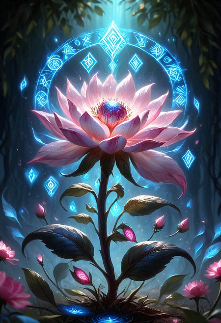 Glowing Runes, a pink flower surrounded by glowing blue runes, concept art realism,