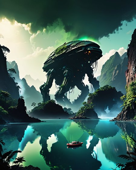 Ethereal minimalist Alien race cybergoth, rolling ocean breakers, reflections, lush jungle, mountains, <lora:add-detail-xl:0.75> <lora:xl_more_art-full_v1:0.5>    <lora:tbh102-sdxl:1> style of Andreas Achenbach