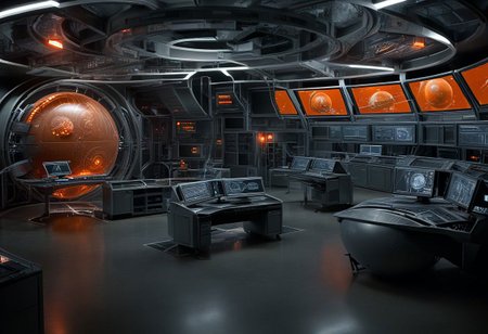 sci-fi computer station, multiple projected screens, planet blueprint on screens, orange color only while the rest are grey, hacking theme, computers around, server racks around, giant sci-fi computer in the middle, middle giant computer as focal point, middle giant computer has projected screen, low camera angle