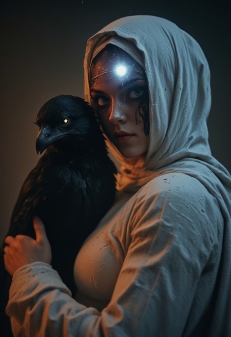 Extreme Close-Up of a hooded female with no visible face, DARK movie still, heavy film grain, monochrome with low-key color highlights. A dystopian dark female villain, busty nun, photo closeup portrait, hk-style dystopian warrior-nun clad in a bright but worn white habit. A large, eerie black raven with glowing white eyes sits on her arm, positioned so that its eye aligns perfectly with where her own eye would be, blending with her face as if they share the same gaze. The raven’s head overlaps the woman’s hood, creating a seamless visual connection. The scene is gritty, with dust, dirt, and noir-style high contrast, deep blacks, creating a hyperpunk scene with desaturated dark red and blue details, colorful (polaroid:0.7) with vibrant colors, (vacations, high resolution:1.3), (small, selective focus, european film:1.2), (sexual advance:1.1), closeup, atmospheric lighting with eye trails, and vibrant spectral light rays.