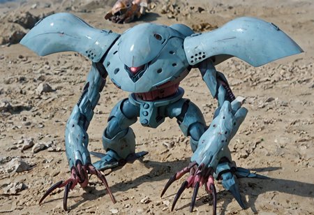 score_9, score_8_up, score_7_up, score_6_up, score_5_up, score_4_up, source_anime, holding haro, hygogg_blue_armor, pink monoeye, long arms, long claws, 1 mech,