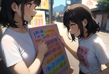 masterpiece, best quality, very aesthetic, absurdres,
2girls, black hair, medium hair, t-shirt, holding, (poster board), outdoors, 
<lora:saikoro_no_tabbi_SDXL_V1:0.8>