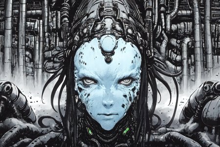 <lora:Blame!:1> heavy black and white, giant-gross-organic, monsters-creatures, cyborg girl portrait,  OrganicBiomArt, ((monochrome)), , detailed (wrinkles, blemishes!, folds!, moles, viens, pores!!, skin imperfections:1.1), highly detailed glossy eyes, (looking at the camera), specular lighting, dslr, ultra quality, sharp focus, tack sharp, dof, film grain, centered, Fujifilm XT3, crystal clear