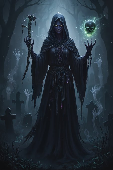 A shadowy necromancer, her dark violet skin illuminated only by the sickly green light of a floating skull, holds her staff with one skeletal hand while her other hand crackles with dark energy. Her eyes, deep and hollow, glow faintly beneath her hood, the only visible part of her face twisted into a ghostly grin. Her robes are tattered, swirling with smoky shadows that seem to move with a life of their own. Around her, spectral forms begin to rise, their translucent hands reaching out toward her, bound to her will. A faint, eerie mist clings to the ground, swirling with the faint sound of whispers and haunting moans. Her fingers tighten on her staff, a gnarled piece of wood adorned with bone charms and shards of dark crystal. Behind her, an ancient graveyard stretches into the darkness, gravestones casting long shadows under the dim moonlight. Her posture is calm and commanding, radiating a quiet but undeniable power over life and death.