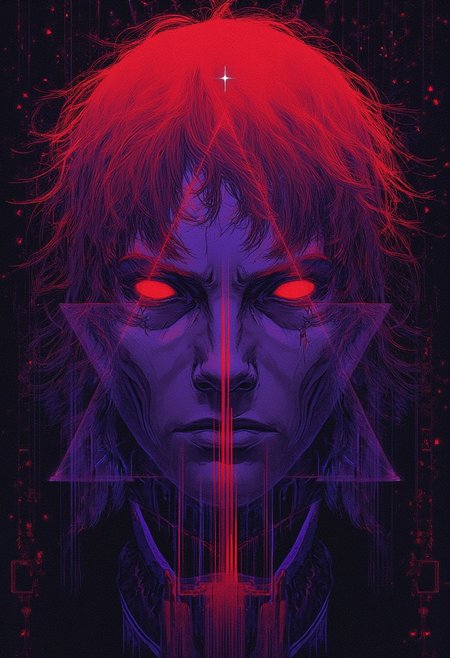 Styled by Katsuhiro Otomo, dark purple triangle. (Redhead,  triangle bust),  ((Synthwave)) , abstract lines , (minimalism 1), ray tracing details in the style of Stephen Gammell.