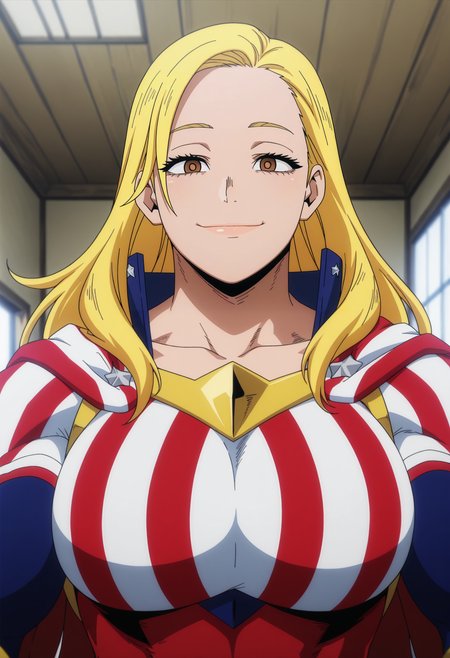 1girl,solo,mm,mature female,blonde hair,long hair,brown eyes,muscular female,large breasts,anime coloring,
superhero,bodysuit,upper body, looking at viewer, smile,indoors,
,masterpiece,best quality,amazing quality,<lora:Star_and_Stripe-My_Hero_Academia:0.8>