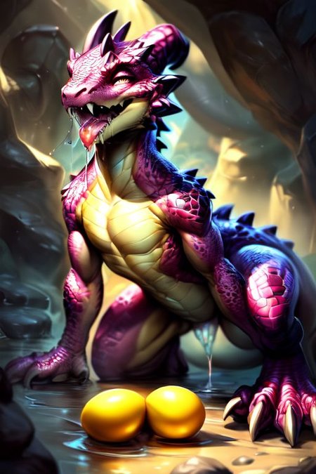 scalie, anthro, ((female)), ((kobold:1.3)), detailed pink scales, detailed dragon scales, intricate scales, (((small breasts))), detailed face, (big eyes:0.5), claws, open mouth, grin, (fangs:1.3), cute, young, (muscular), athletic, elegant, beautiful, claws, (slit pupils), bright eyes, expressive eyes, (chubby:0.4), (plump:0.4), smiling, happy,  celestial being,
(chrome:0.2), shiny skin, (crystal:0.6), (mineral fauna:0.6), light beam, reflective,
closed eyes,
all fours, butt, raised tail, presenting, glistening genitalia, oviposition, laying wet pink egg, surrounded by wet pink eggs, wet plump labia, wet crotch, wet pussy, peeing, 
(saliva:1.5), (drooling:1.5),
<lora:dragon:0.2>,
<lora:addmoredetails:0.4>,
<lora:Velociraptor_Dino:0.1>,
<lora:deathclaw:0.9>,
<lora:FurryCore:0.7>,
by darkgem, by thesecretcave, by silverfox5213, , 
noon, sunlight, 
on a beach, 
nude,
(ambient light on the body),
Ray tracing, dutch angle, concept art, highly detailed, (hi res), ((masterpiece)), ((best quality)) masterpiece, best quality, masterpiece, best quality, cinematic composition, (masterpiece, best quality, ultra realistic, 4k, (high detail:1.3), sharp focus,