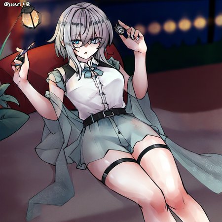 1girl, furry female, bare legs, barefoot, blue eyes, bug, butterfly, center frills, collared shirt, frills, hair between eyes, hand up, holding, knees together feet apart, knees up, lantern, looking at viewer, lying, mole, mole under eye, nib pen (object), on back, parted lips, pen, plant, potted plant, shirt, silver hair, sleeveless, sleeveless shirt, solo, transparent, white shirt